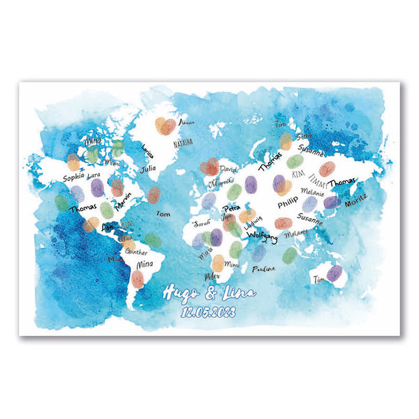 Fingerabdruck Leinwand - Fingerabdruck Weltkarte Blau - Fingerabdruck Leinwand