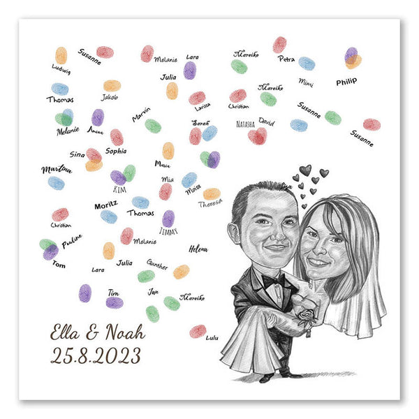 Fingerabdruck-Leinwand mit Karikatur - Hochzeitspaar Getragen (fpca1001) - Fingerabdruck Leinwand