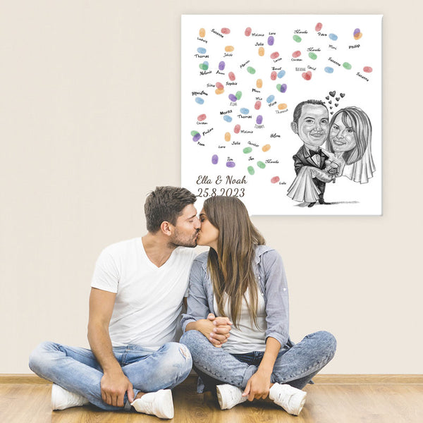 Fingerabdruck-Leinwand mit Karikatur - Hochzeitspaar Getragen (fpca1001) - Fingerabdruck Leinwand