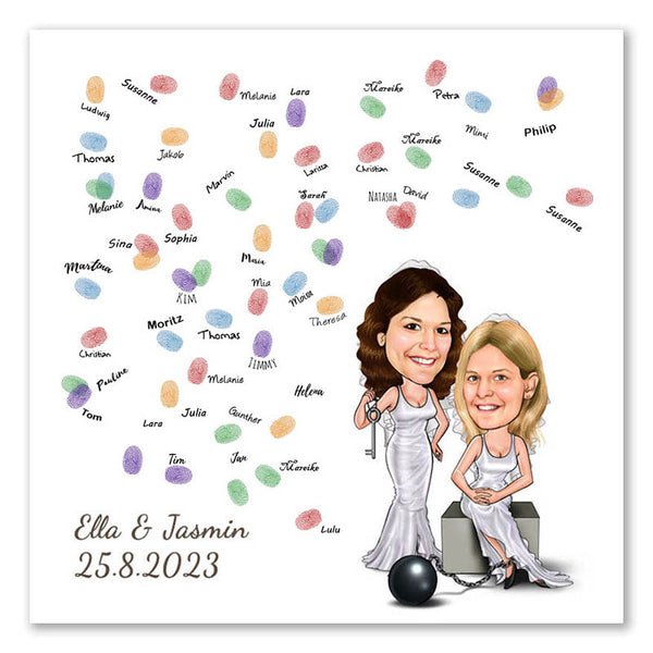Fingerabdruck-Leinwand mit Karikatur - Hochzeitspaar 2 Frauen an der Kette (fpca1002) - Fingerabdruck Leinwand