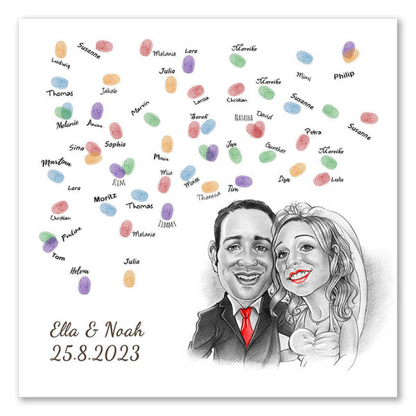 Fingerabdruck-Leinwand mit Karikatur - Hochzeitspaar Karikatur Rot (fpca1143r) - Fingerabdruck Leinwand