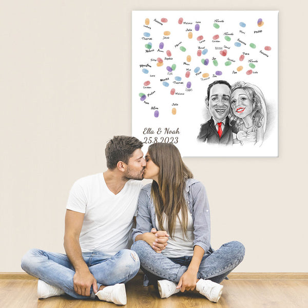 Fingerabdruck-Leinwand mit Karikatur - Hochzeitspaar Karikatur Rot (fpca1143r) - Fingerabdruck Leinwand