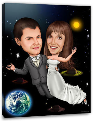 Karikatur vom Foto - Im Weltall - Lustige individuelle Karikatur vom Foto des Hochzeitspaares