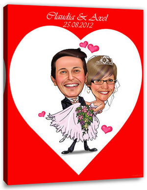 Karikatur vom Foto - Heirat mit Herz - Lustige individuelle Karikatur vom Foto des Hochzeitspaares
