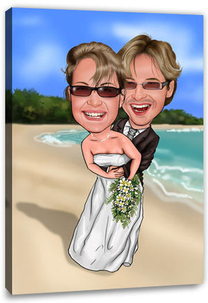 Karikatur vom Foto - Hochzeitspaar am Strand - Lustige individuelle Karikatur vom Foto des Hochzeitspaares