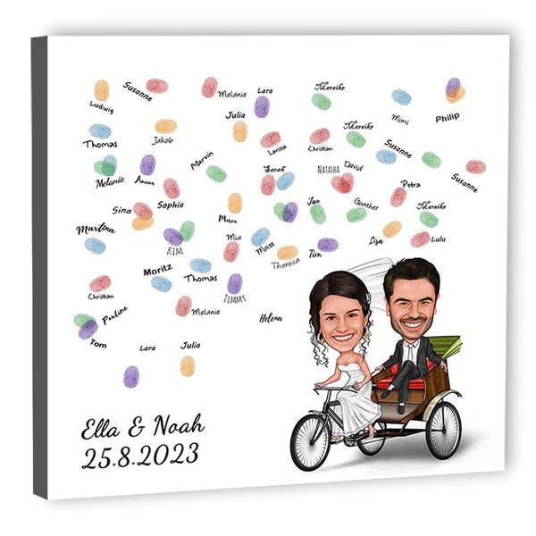 Fingerabdruck-Leinwand mit Karikatur - Hochzeitspaar Fahrrad (fpca979) - Fingerabdruck Leinwand