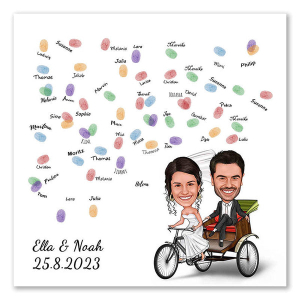 Fingerabdruck-Leinwand mit Karikatur - Hochzeitspaar Fahrrad (fpca979) - Fingerabdruck Leinwand