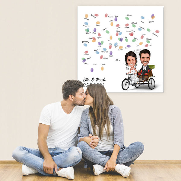 Fingerabdruck-Leinwand mit Karikatur - Hochzeitspaar Fahrrad (fpca979) - Fingerabdruck Leinwand
