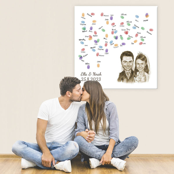 Fingerabdruck-Leinwand mit Karikatur - Hochzeitspaar Karikatur Sepia (fpca1143s) - Fingerabdruck Leinwand