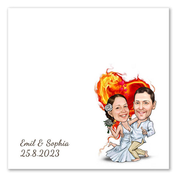 Fingerabdruck-Leinwand mit Karikatur - Hochzeitspaar Feuerherz (fpca1207) - Fingerabdruck Leinwand