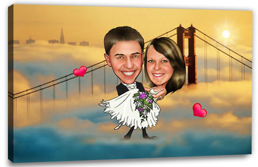 Karikatur vom Foto - Golden Gate - Lustige individuelle Karikatur vom Foto des Hochzeitspaares