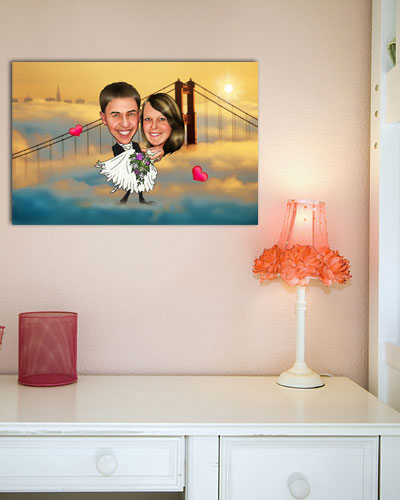 Karikatur vom Foto - Golden Gate - Lustige individuelle Karikatur vom Foto des Hochzeitspaares