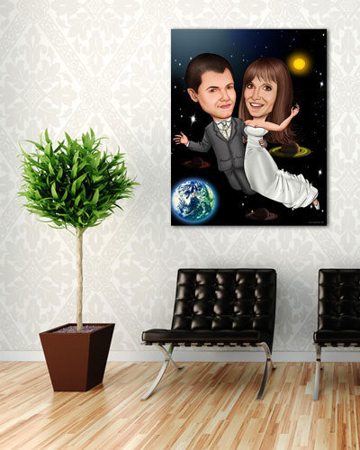 Karikatur vom Foto - Im Weltall - Lustige individuelle Karikatur vom Foto des Hochzeitspaares