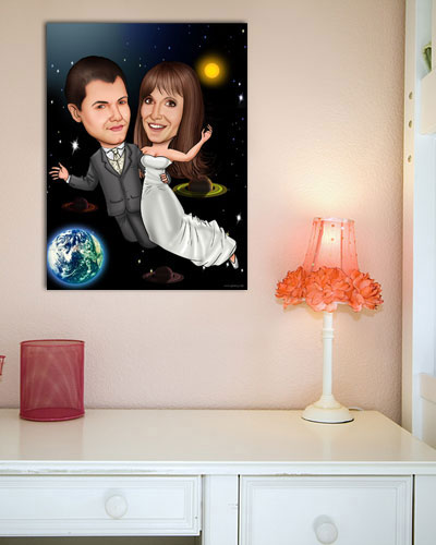 Karikatur vom Foto - Im Weltall - Lustige individuelle Karikatur vom Foto des Hochzeitspaares