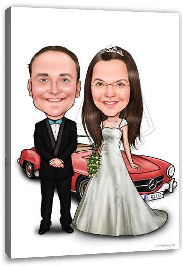 Karikatur vom Foto - Hochzeitspaar vor Auto - Lustige individuelle Karikatur vom Foto des Hochzeitspaares