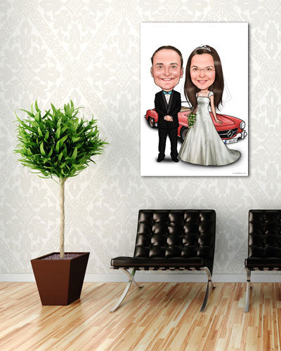 Karikatur vom Foto - Hochzeitspaar vor Auto - Lustige individuelle Karikatur vom Foto des Hochzeitspaares