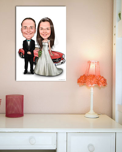 Karikatur vom Foto - Hochzeitspaar vor Auto - Lustige individuelle Karikatur vom Foto des Hochzeitspaares
