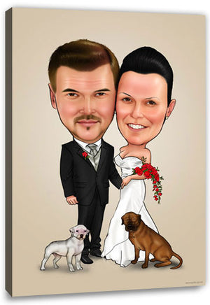 Karikatur vom Foto - Hochzeit mit Hunden - Lustige individuelle Karikatur vom Foto des Hochzeitspaares
