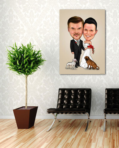Karikatur vom Foto - Hochzeit mit Hunden - Lustige individuelle Karikatur vom Foto des Hochzeitspaares