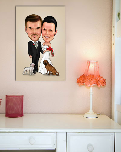 Karikatur vom Foto - Hochzeit mit Hunden - Lustige individuelle Karikatur vom Foto des Hochzeitspaares