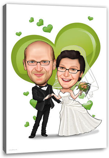 Karikatur vom Foto - Hochzeitspaar grünes Herz - Lustige individuelle Karikatur vom Foto des Hochzeitspaares