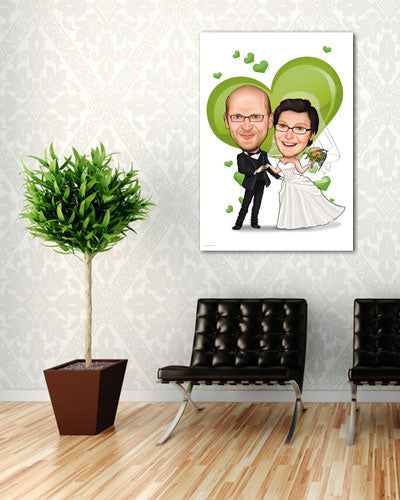 Karikatur vom Foto - Hochzeitspaar grünes Herz - Lustige individuelle Karikatur vom Foto des Hochzeitspaares