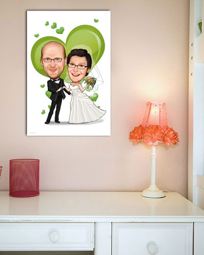 Karikatur vom Foto - Hochzeitspaar grünes Herz - Lustige individuelle Karikatur vom Foto des Hochzeitspaares