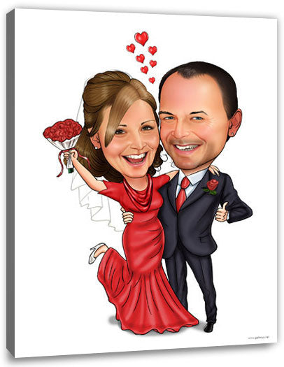Karikatur vom Foto - Rotes Brautkleid - Lustige individuelle Karikatur vom Foto des Hochzeitspaares