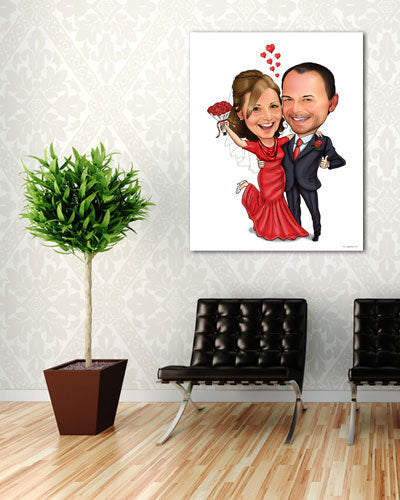 Karikatur vom Foto - Rotes Brautkleid - Lustige individuelle Karikatur vom Foto des Hochzeitspaares