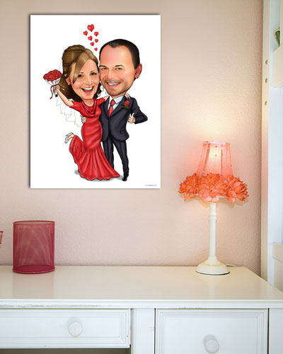 Karikatur vom Foto - Rotes Brautkleid - Lustige individuelle Karikatur vom Foto des Hochzeitspaares