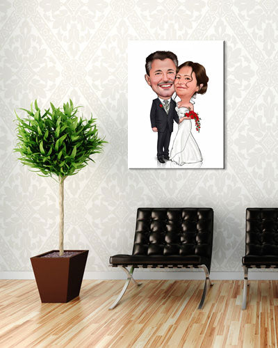 Karikatur vom Foto - Kuschelndes Hochzeitspaar - Lustige individuelle Karikatur vom Foto des Hochzeitspaares