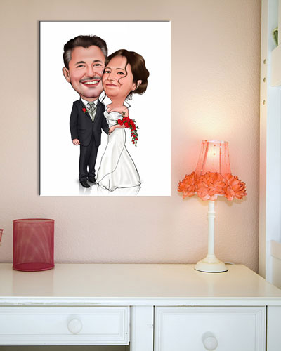 Karikatur vom Foto - Kuschelndes Hochzeitspaar - Lustige individuelle Karikatur vom Foto des Hochzeitspaares