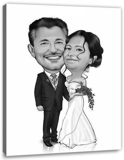 Karikatur vom Foto - Kuschelndes Hochzeitspaar