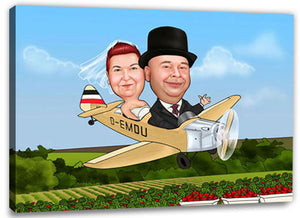 Karikatur vom Foto - Brautpaar im Proppelerflugzeug - Lustige individuelle Karikatur vom Foto des Hochzeitspaares