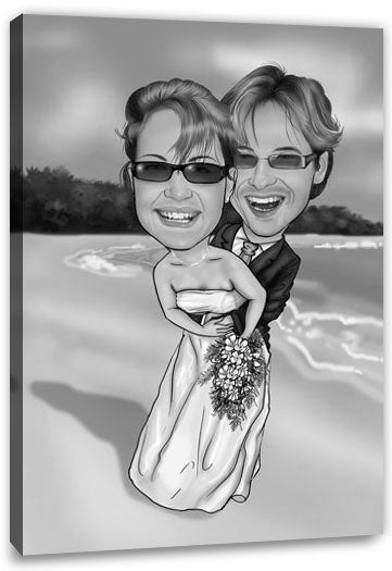 Karikatur vom Foto - Hochzeitspaar am Strand