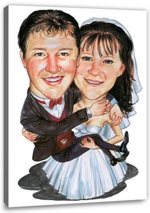 Karikatur vom Foto - Getragene Liebe - Lustige individuelle Karikatur vom Foto des Hochzeitspaares