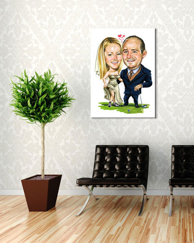 Karikatur vom Foto - Liebespaar auf dem Grün - Lustige individuelle Karikatur vom Foto des Hochzeitspaares