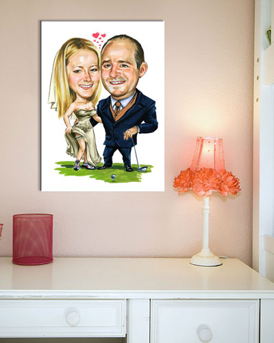 Karikatur vom Foto - Liebespaar auf dem Grün - Lustige individuelle Karikatur vom Foto des Hochzeitspaares