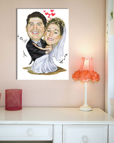 Karikatur vom Foto - Liebe mit Musik - Lustige individuelle Karikatur vom Foto des Hochzeitspaares