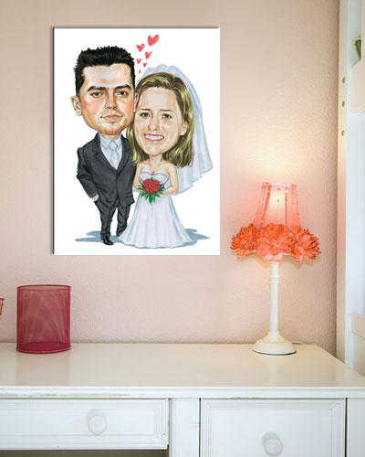 Karikatur vom Foto - Liebespaar in grau-weiss - Lustige individuelle Karikatur vom Foto des Hochzeitspaares