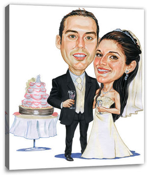 Karikatur vom Foto - Brautpaar vor Torte - Lustige individuelle Karikatur vom Foto des Hochzeitspaares