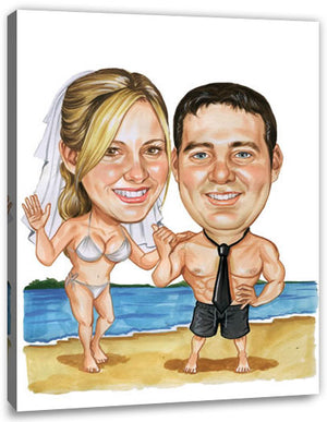 Karikatur vom Foto - Hochzeitspaar am Strand - Lustige individuelle Karikatur vom Foto des Hochzeitspaares