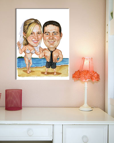 Karikatur vom Foto - Hochzeitspaar am Strand - Lustige individuelle Karikatur vom Foto des Hochzeitspaares