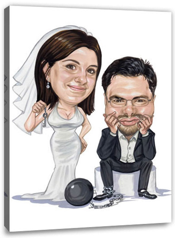 Karikatur vom Foto - Gebundener Ehemann - Lustige individuelle Karikatur vom Foto des Hochzeitspaares