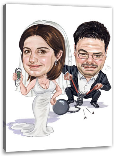 Karikatur vom Foto - Starke Braut - Lustige individuelle Karikatur vom Foto des Hochzeitspaares