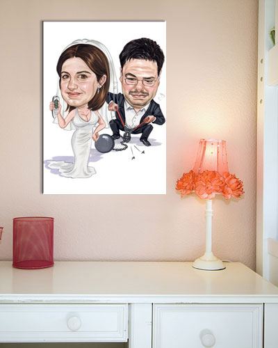 Karikatur vom Foto - Starke Braut - Lustige individuelle Karikatur vom Foto des Hochzeitspaares