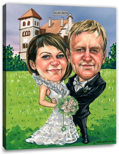 Karikatur vom Foto - Hochzeit am Schloss - Lustige individuelle Karikatur vom Foto des Hochzeitspaares