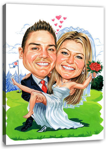 Karikatur vom Foto - Hochzeit auf Golfplatz - Lustige individuelle Karikatur vom Foto des Hochzeitspaares