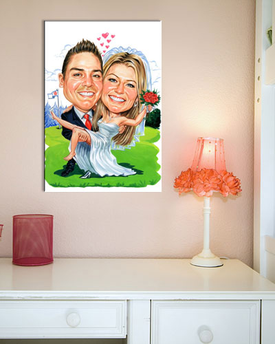 Karikatur vom Foto - Hochzeit auf Golfplatz - Lustige individuelle Karikatur vom Foto des Hochzeitspaares