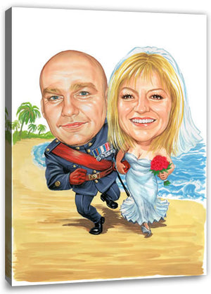 Karikatur vom Foto - Hochzeitspaar im Sand - Lustige individuelle Karikatur vom Foto des Hochzeitspaares